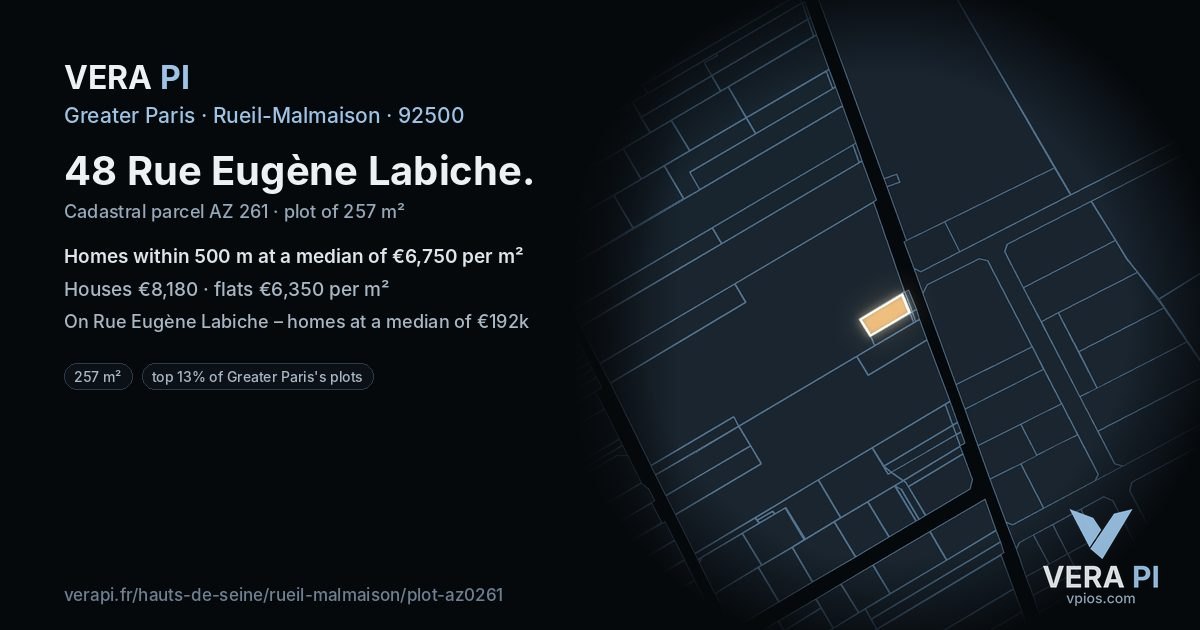 48 Rue Eugène Labiche, Rueil-Malmaison at night – the plot lit, the parcels around coloured by the prices near them