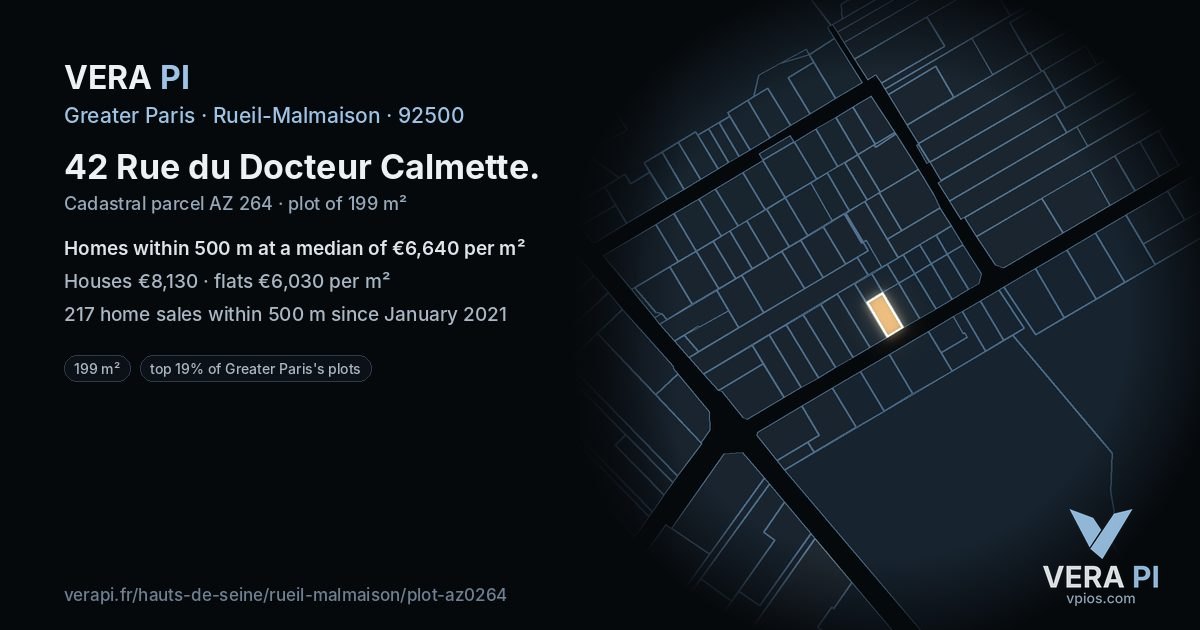 42 Rue du Docteur Calmette, Rueil-Malmaison at night – the plot lit, the parcels around coloured by the prices near them