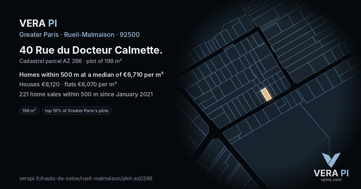 40 Rue du Docteur Calmette, Rueil-Malmaison at night – the plot lit, the parcels around coloured by the prices near them