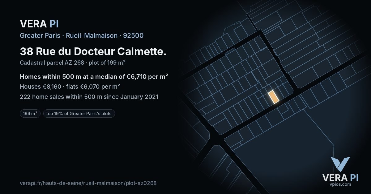 38 Rue du Docteur Calmette, Rueil-Malmaison at night – the plot lit, the parcels around coloured by the prices near them