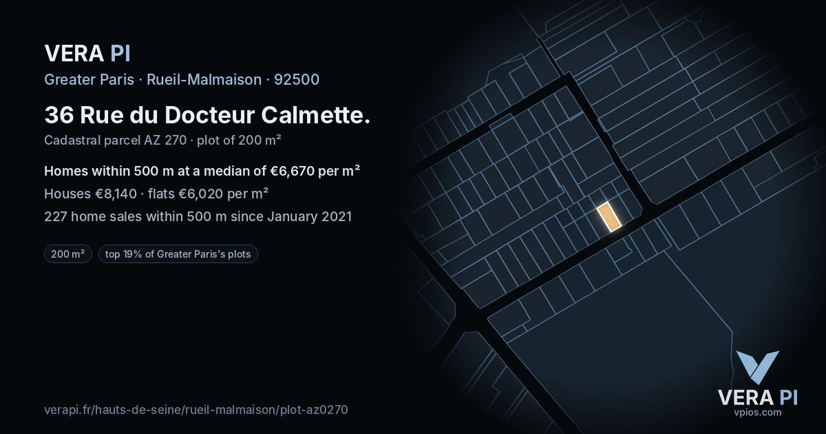 36 Rue du Docteur Calmette, Rueil-Malmaison at night – the plot lit, the parcels around coloured by the prices near them