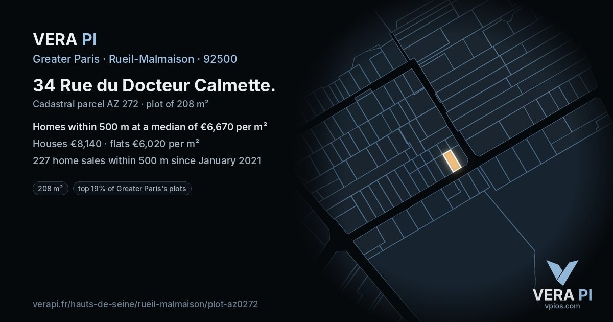 34 Rue du Docteur Calmette, Rueil-Malmaison at night – the plot lit, the parcels around coloured by the prices near them