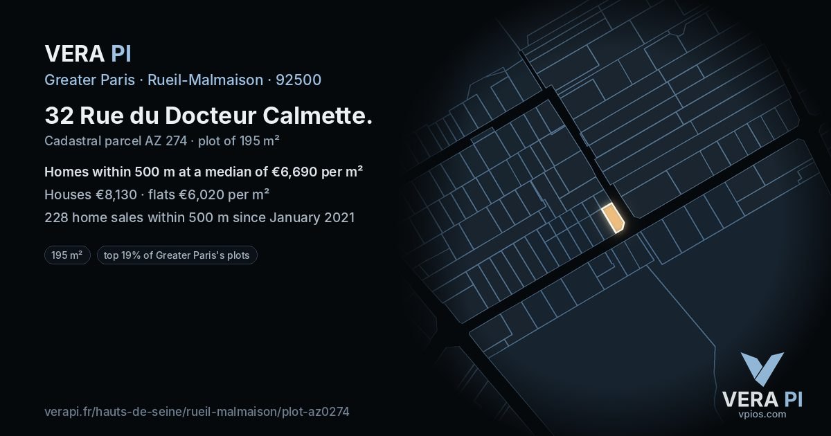 32 Rue du Docteur Calmette, Rueil-Malmaison at night – the plot lit, the parcels around coloured by the prices near them