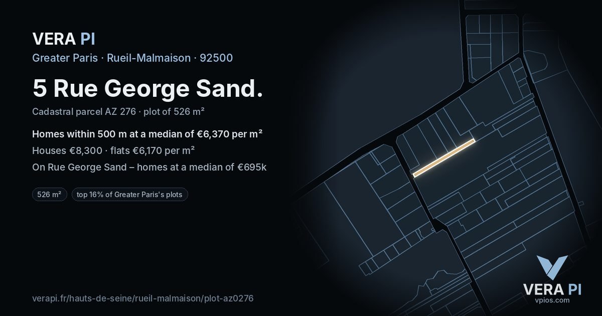 5 Rue George Sand, Rueil-Malmaison at night – the plot lit, the parcels around coloured by the prices near them