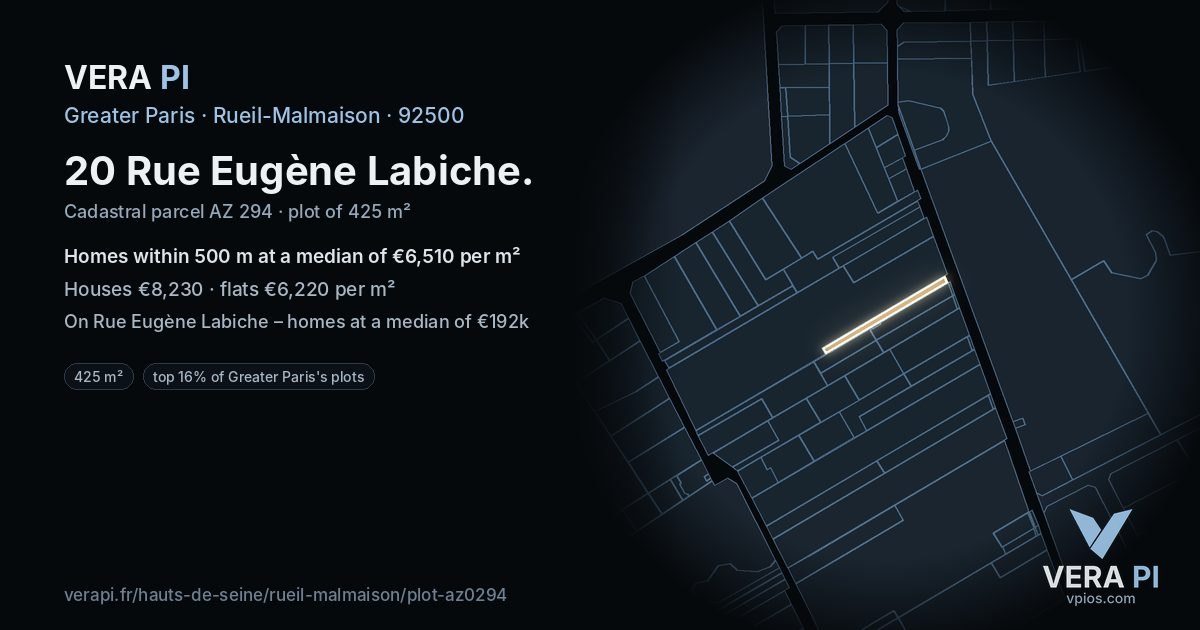 20 Rue Eugène Labiche, Rueil-Malmaison at night – the plot lit, the parcels around coloured by the prices near them