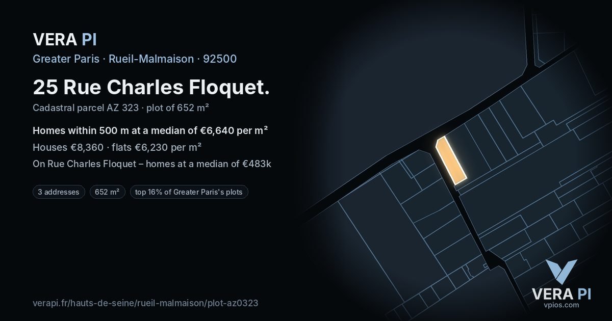 25 Rue Charles Floquet, Rueil-Malmaison at night – the plot lit, the parcels around coloured by the prices near them