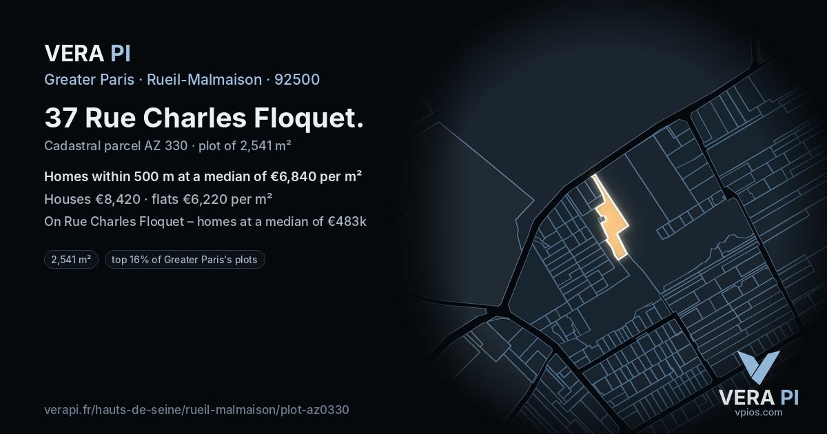 37 Rue Charles Floquet, Rueil-Malmaison at night – the plot lit, the parcels around coloured by the prices near them