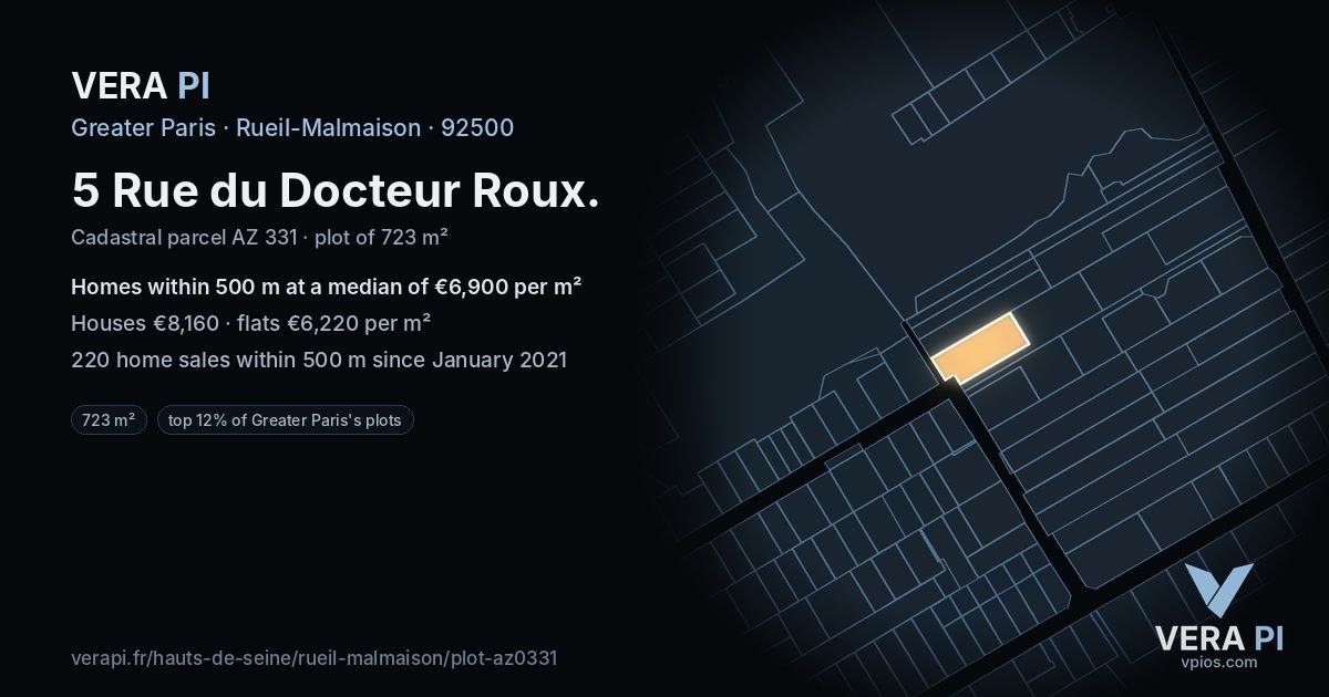 5 Rue du Docteur Roux, Rueil-Malmaison at night – the plot lit, the parcels around coloured by the prices near them