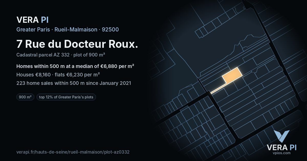 7 Rue du Docteur Roux, Rueil-Malmaison at night – the plot lit, the parcels around coloured by the prices near them