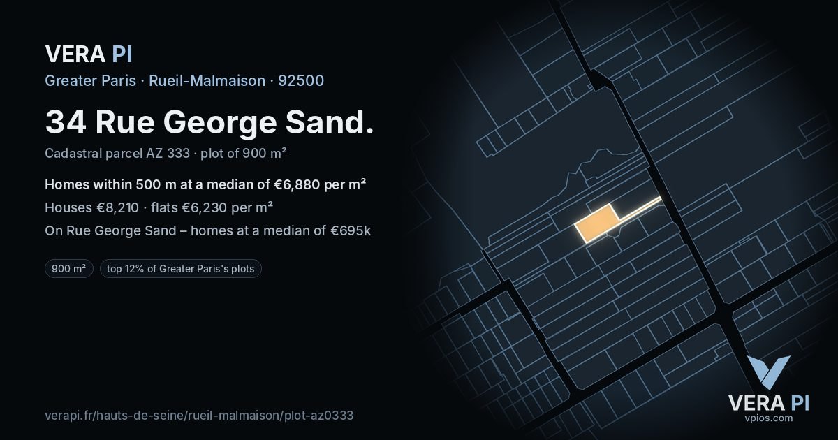 34 Rue George Sand, Rueil-Malmaison at night – the plot lit, the parcels around coloured by the prices near them