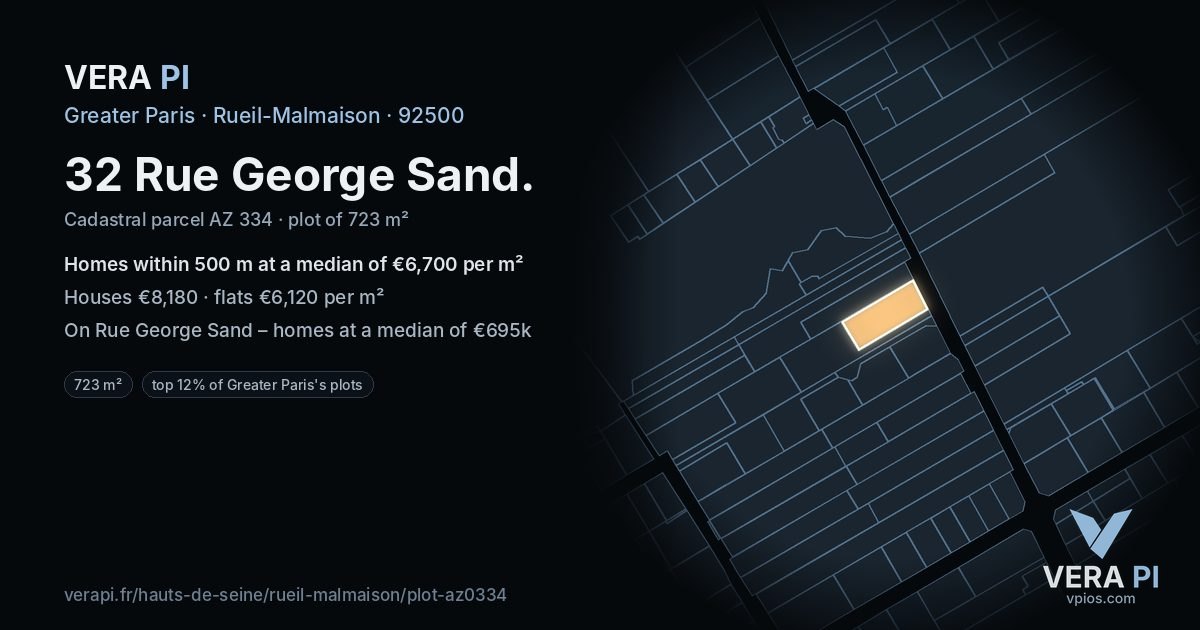 32 Rue George Sand, Rueil-Malmaison at night – the plot lit, the parcels around coloured by the prices near them
