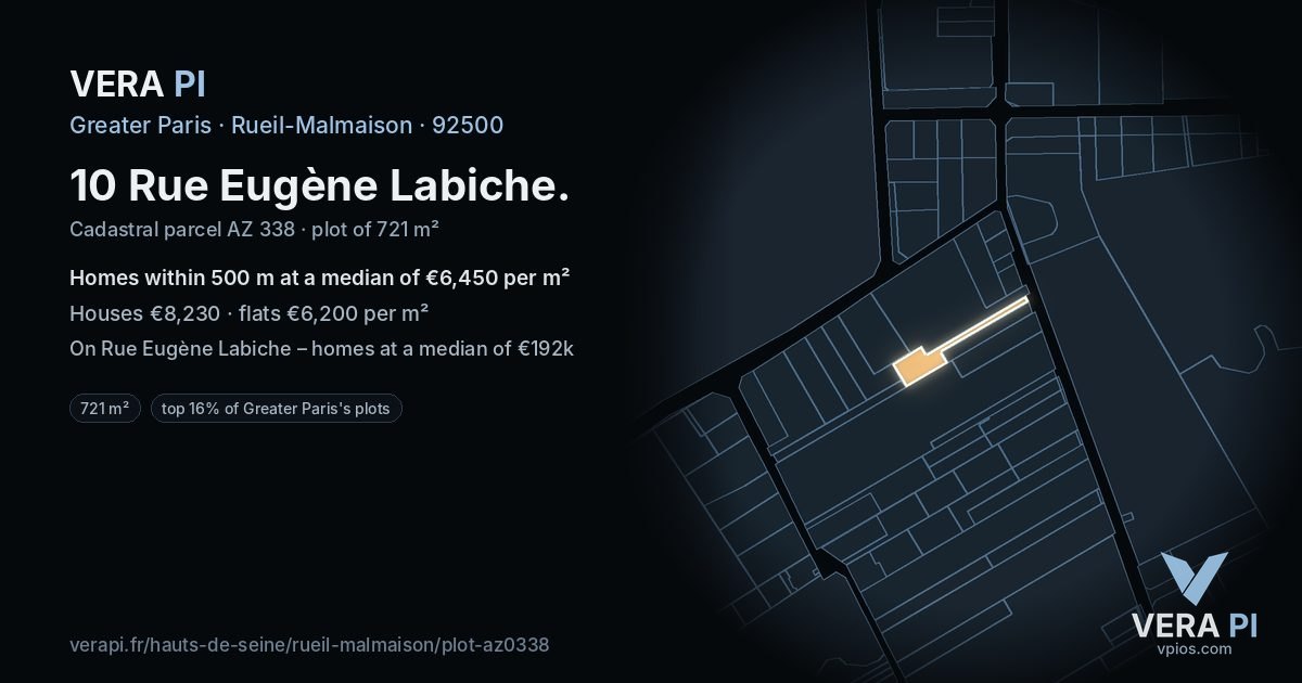 10 Rue Eugène Labiche, Rueil-Malmaison at night – the plot lit, the parcels around coloured by the prices near them
