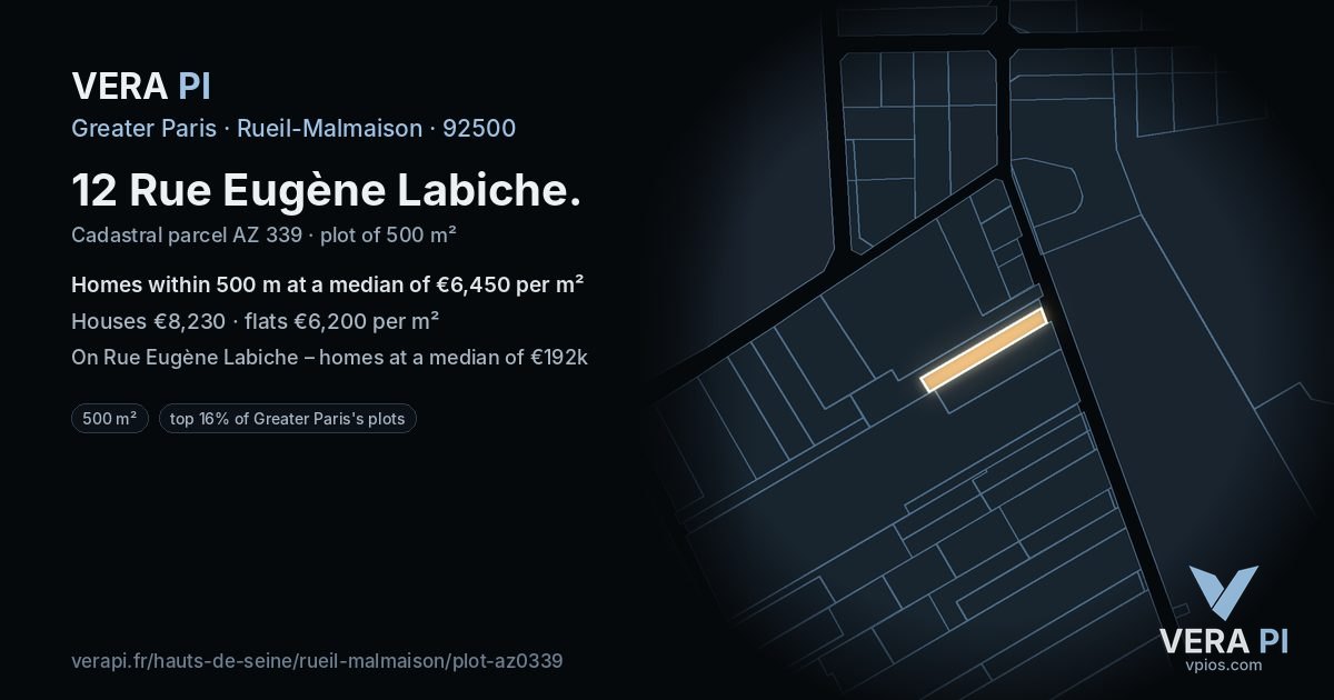 12 Rue Eugène Labiche, Rueil-Malmaison at night – the plot lit, the parcels around coloured by the prices near them