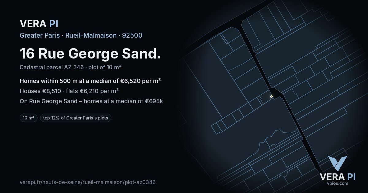 16 Rue George Sand, Rueil-Malmaison at night – the plot lit, the parcels around coloured by the prices near them