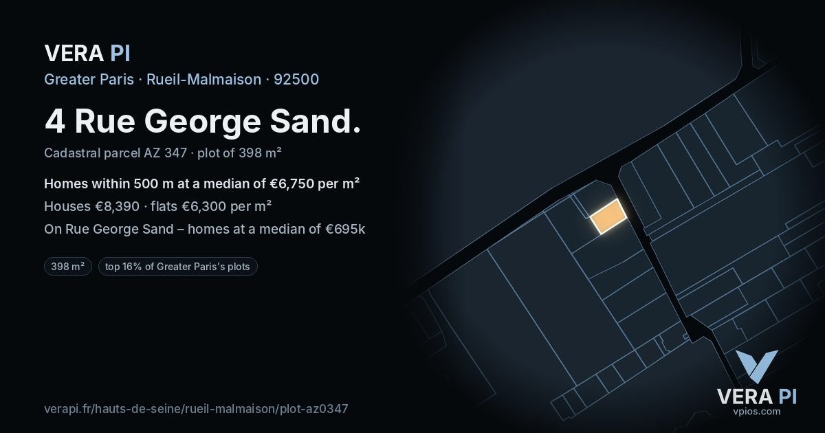 4 Rue George Sand, Rueil-Malmaison at night – the plot lit, the parcels around coloured by the prices near them