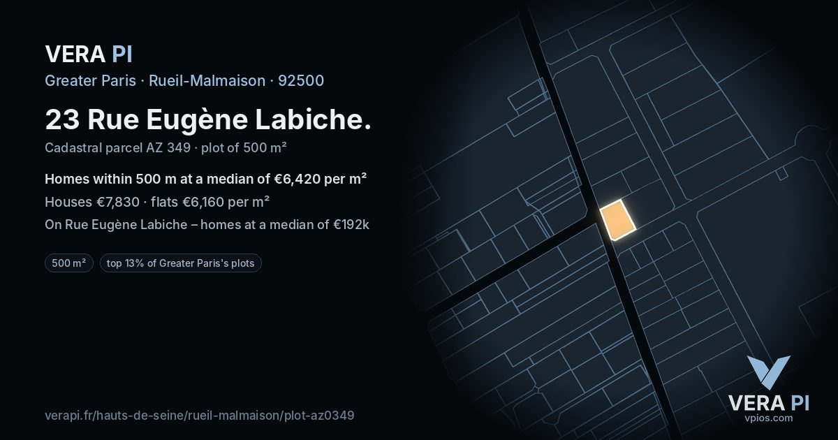 23 Rue Eugène Labiche, Rueil-Malmaison at night – the plot lit, the parcels around coloured by the prices near them