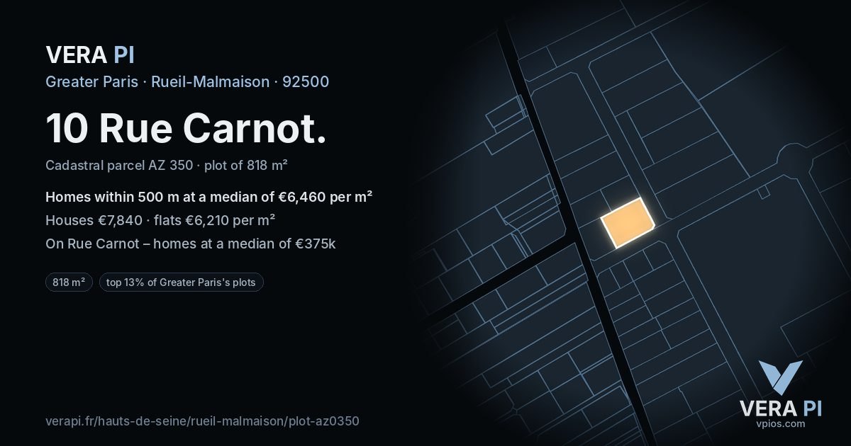 10 Rue Carnot, Rueil-Malmaison at night – the plot lit, the parcels around coloured by the prices near them