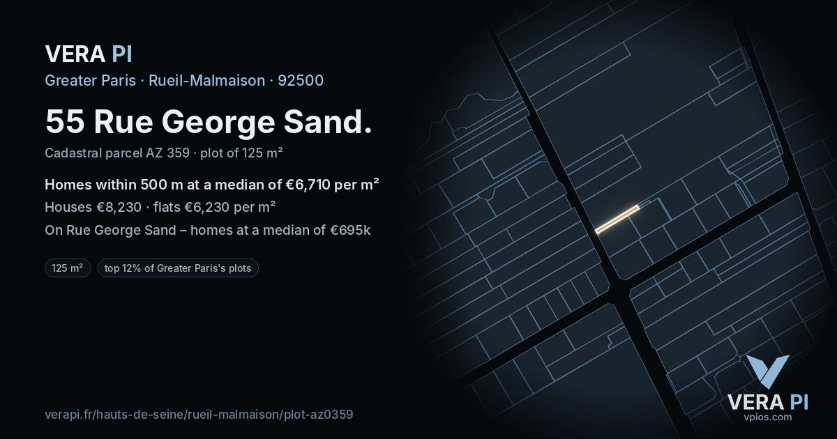 55 Rue George Sand, Rueil-Malmaison at night – the plot lit, the parcels around coloured by the prices near them