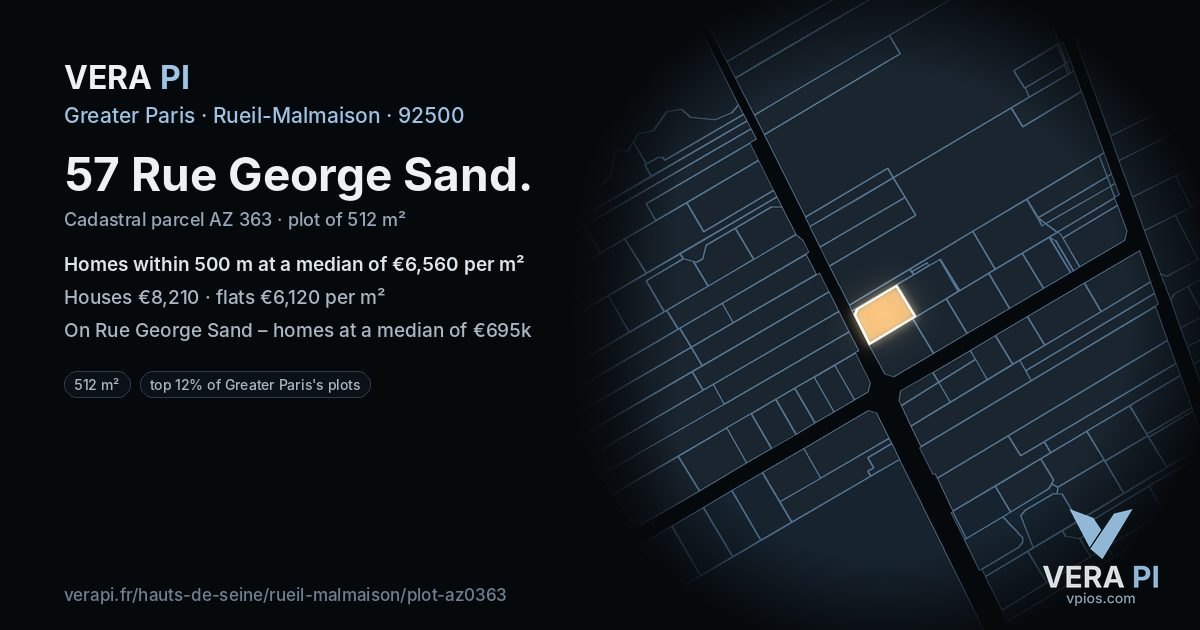 57 Rue George Sand, Rueil-Malmaison at night – the plot lit, the parcels around coloured by the prices near them