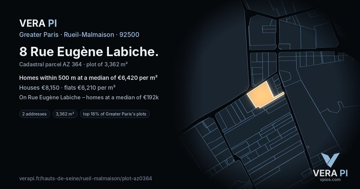 8 Rue Eugène Labiche, Rueil-Malmaison at night – the plot lit, the parcels around coloured by the prices near them