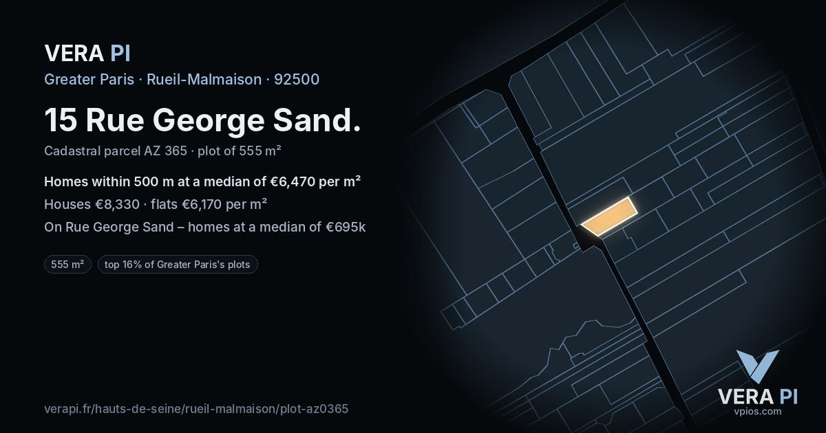 15 Rue George Sand, Rueil-Malmaison at night – the plot lit, the parcels around coloured by the prices near them