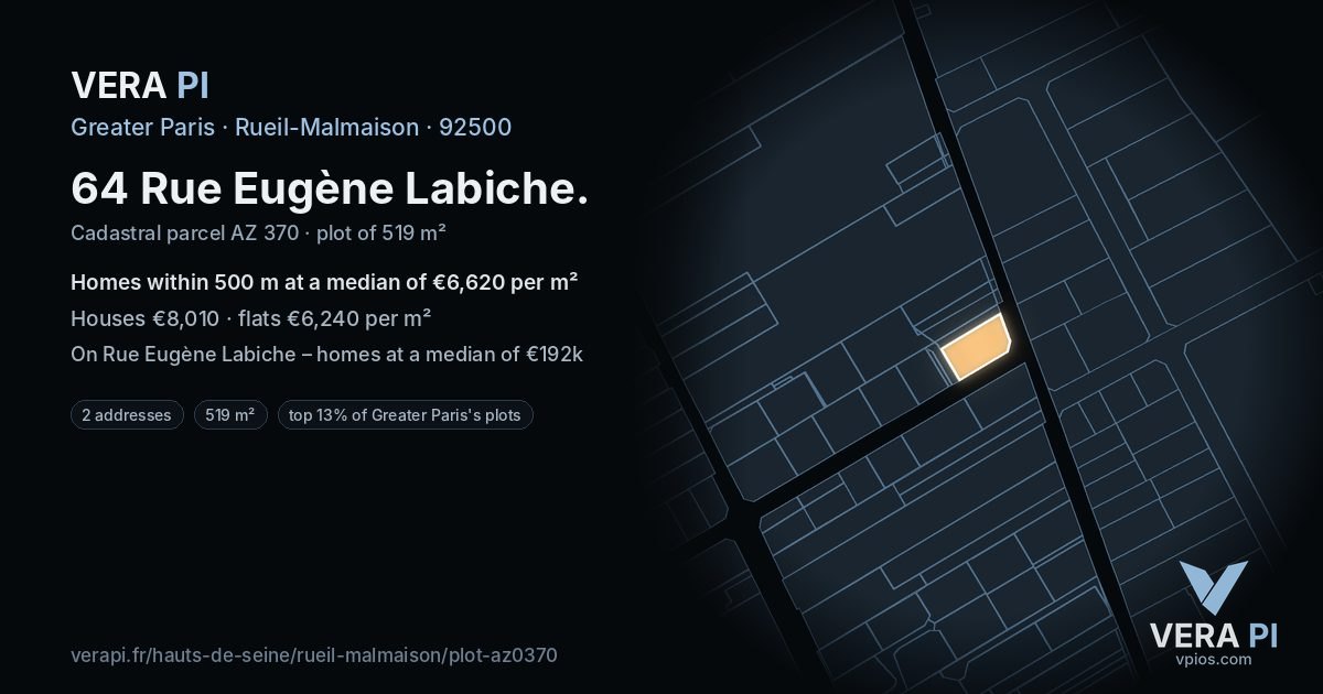 64 Rue Eugène Labiche, Rueil-Malmaison at night – the plot lit, the parcels around coloured by the prices near them
