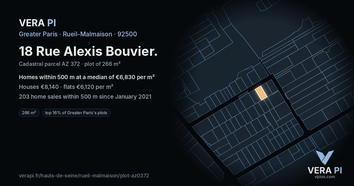 18 Rue Alexis Bouvier, Rueil-Malmaison at night – the plot lit, the parcels around coloured by the prices near them