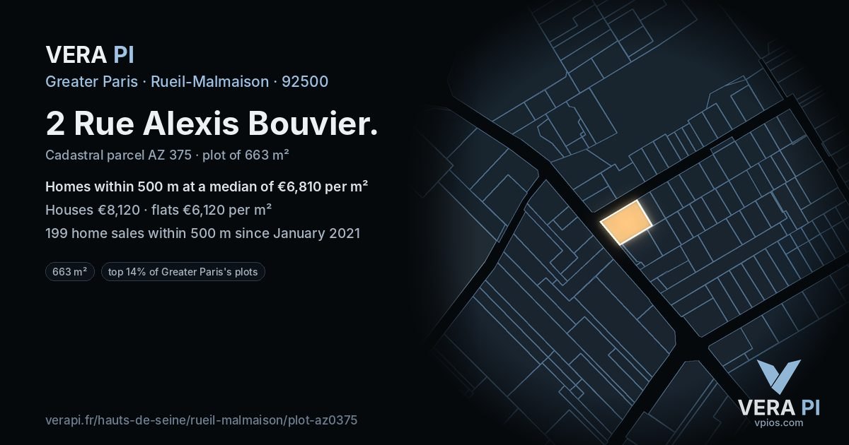 2 Rue Alexis Bouvier, Rueil-Malmaison at night – the plot lit, the parcels around coloured by the prices near them