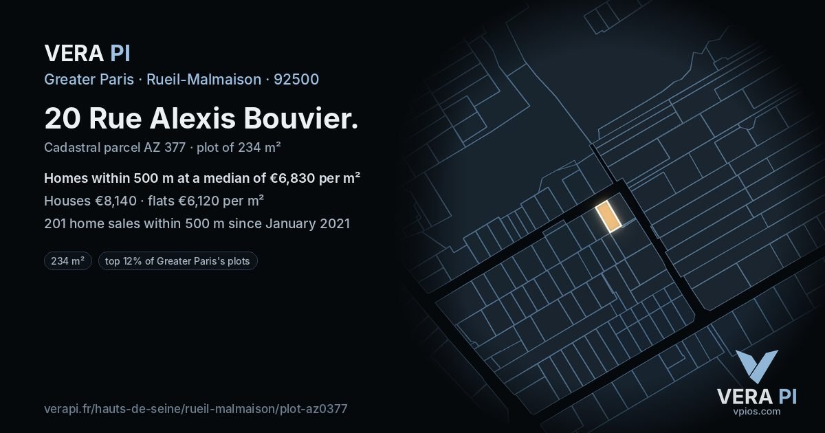 20 Rue Alexis Bouvier, Rueil-Malmaison at night – the plot lit, the parcels around coloured by the prices near them