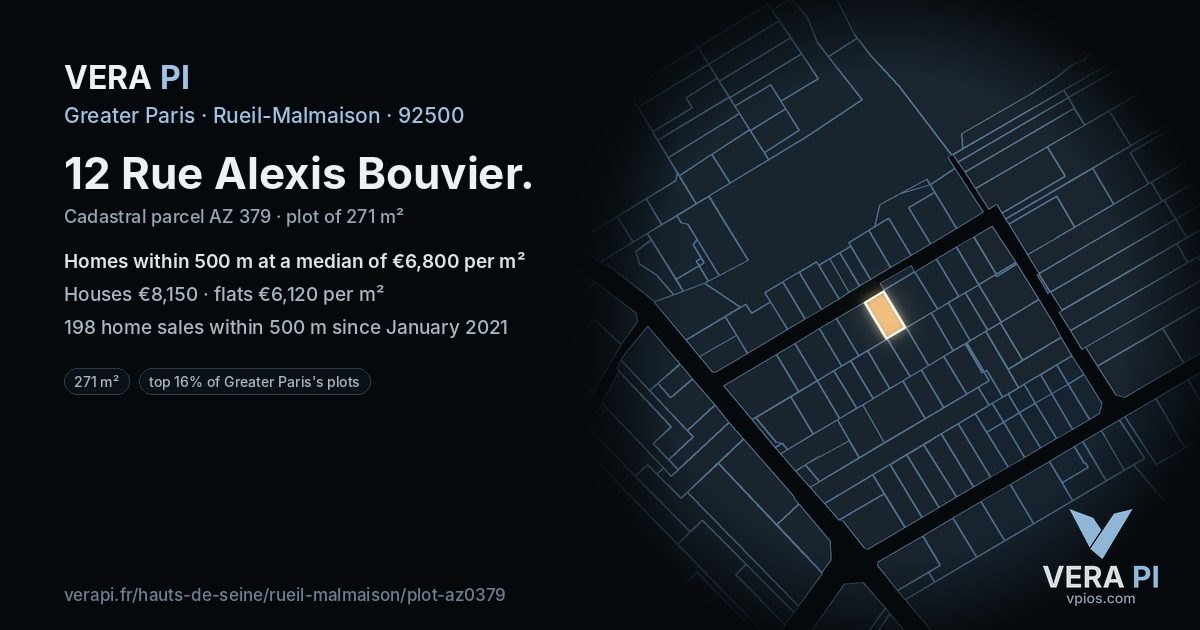 12 Rue Alexis Bouvier, Rueil-Malmaison at night – the plot lit, the parcels around coloured by the prices near them