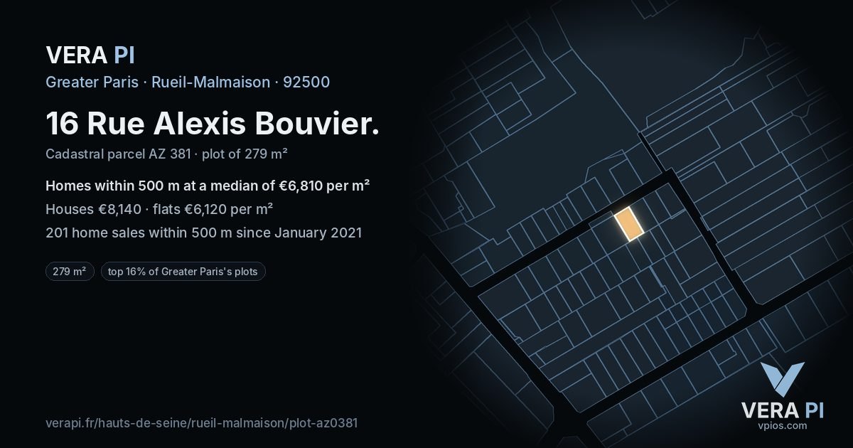 16 Rue Alexis Bouvier, Rueil-Malmaison at night – the plot lit, the parcels around coloured by the prices near them