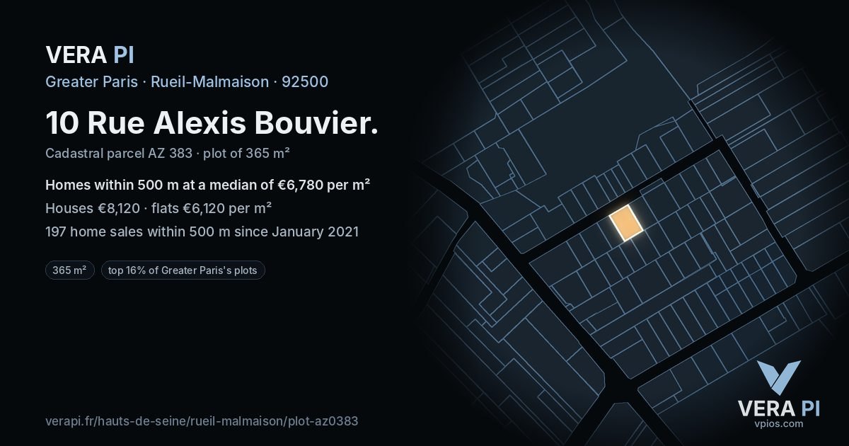 10 Rue Alexis Bouvier, Rueil-Malmaison at night – the plot lit, the parcels around coloured by the prices near them