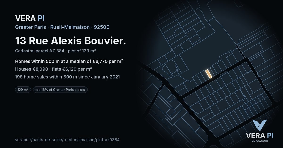 13 Rue Alexis Bouvier, Rueil-Malmaison at night – the plot lit, the parcels around coloured by the prices near them