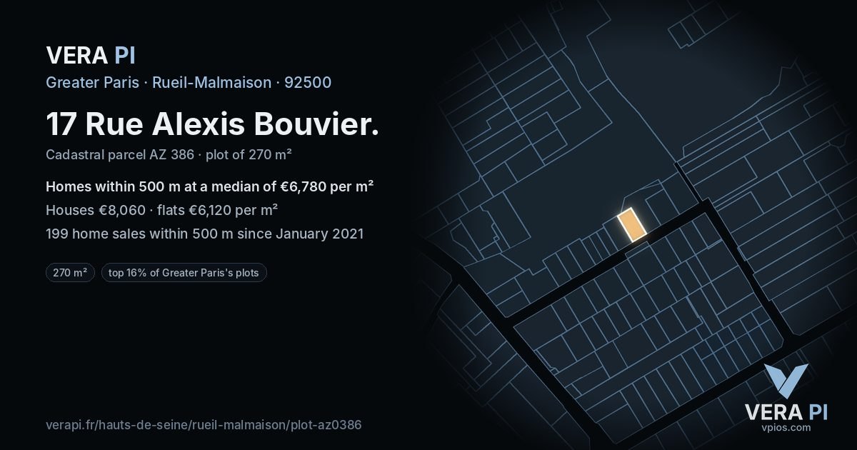 17 Rue Alexis Bouvier, Rueil-Malmaison at night – the plot lit, the parcels around coloured by the prices near them