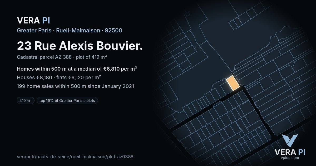 23 Rue Alexis Bouvier, Rueil-Malmaison at night – the plot lit, the parcels around coloured by the prices near them