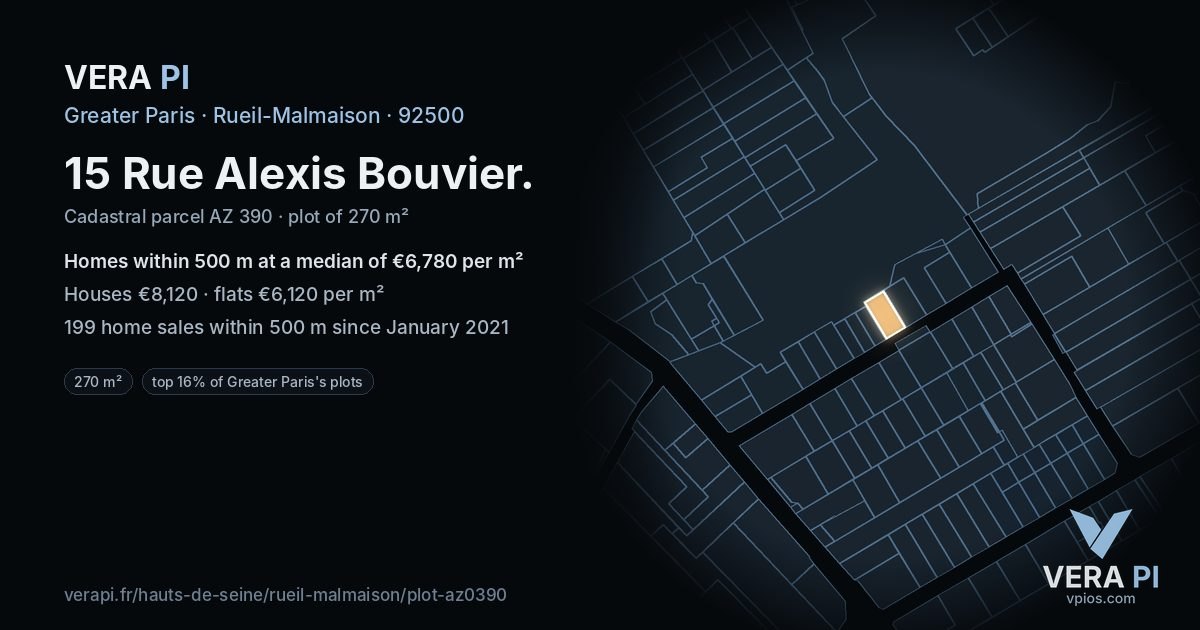15 Rue Alexis Bouvier, Rueil-Malmaison at night – the plot lit, the parcels around coloured by the prices near them