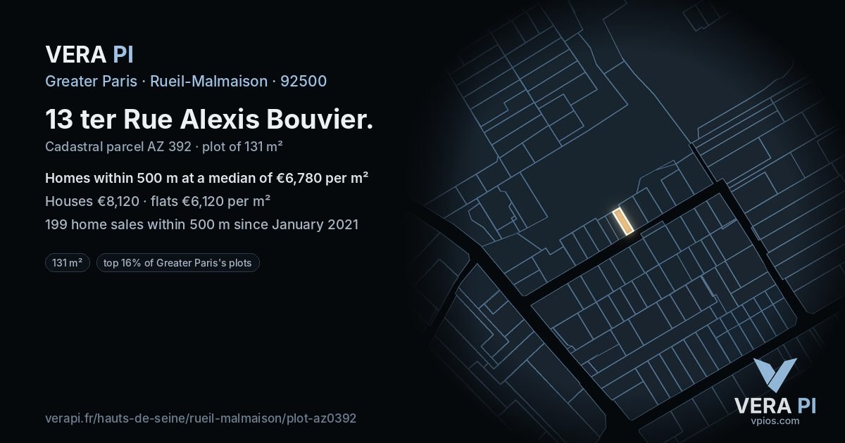 13 ter Rue Alexis Bouvier, Rueil-Malmaison at night – the plot lit, the parcels around coloured by the prices near them