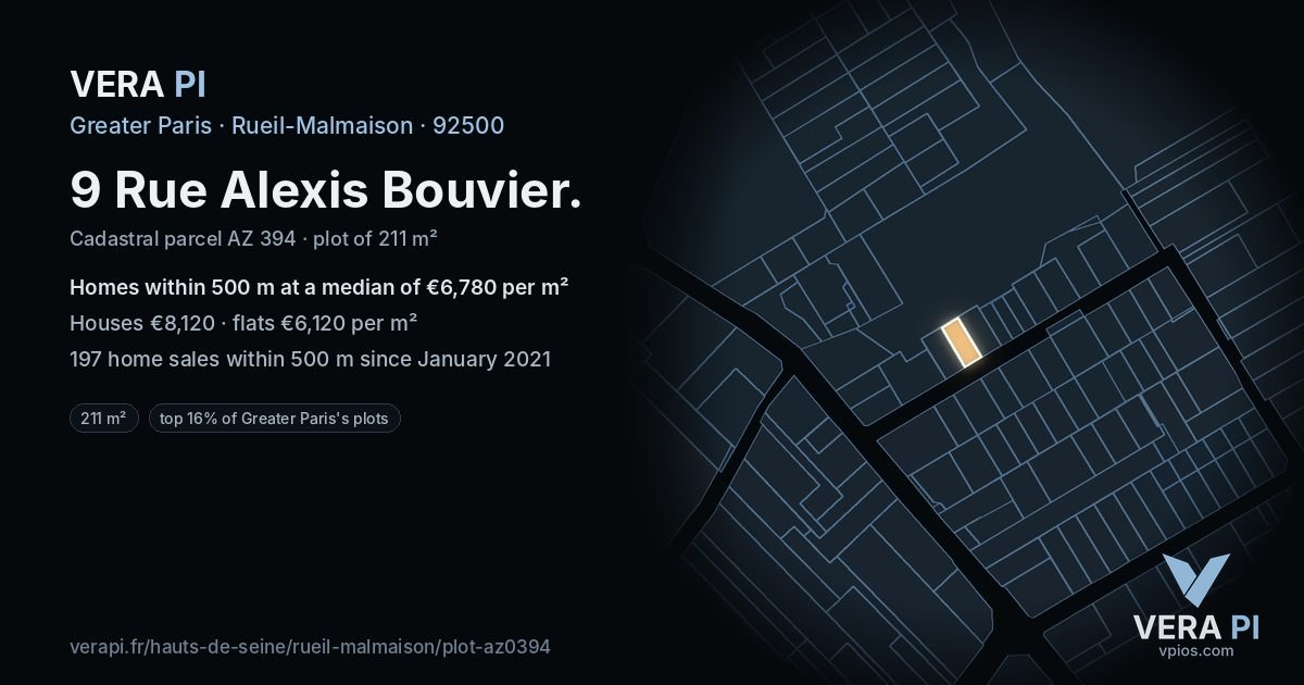 9 Rue Alexis Bouvier, Rueil-Malmaison at night – the plot lit, the parcels around coloured by the prices near them