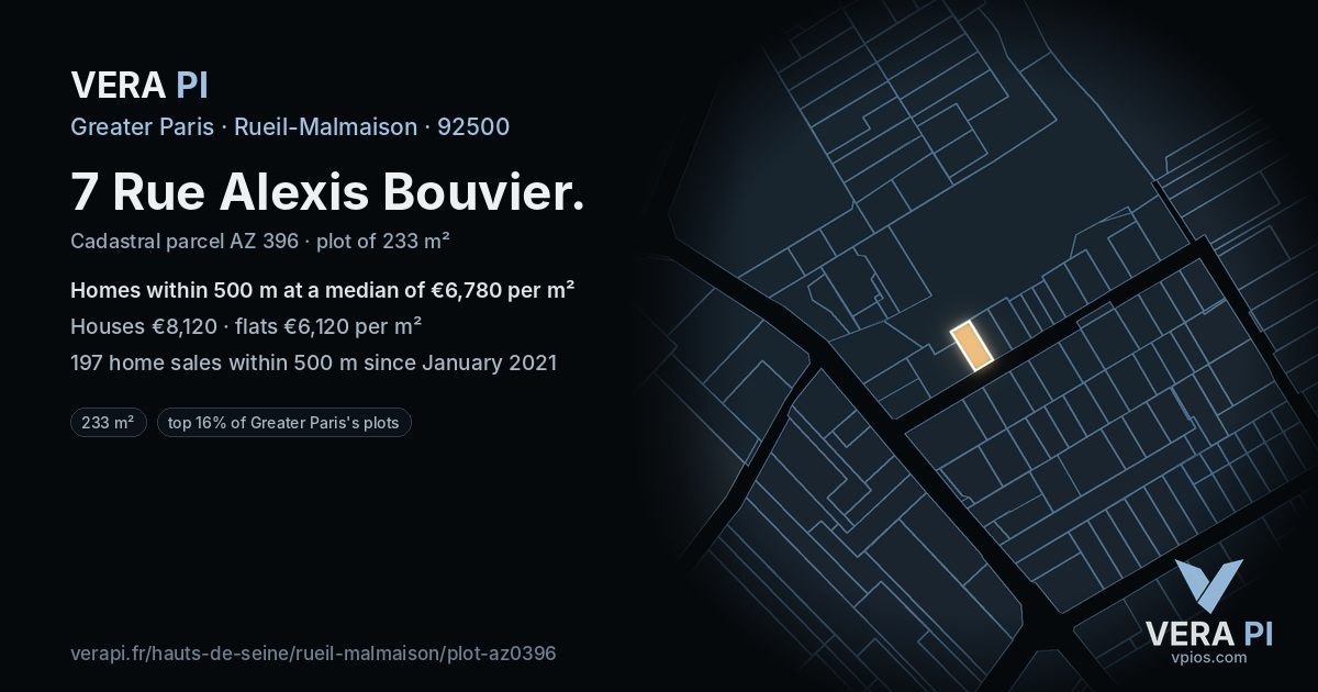7 Rue Alexis Bouvier, Rueil-Malmaison at night – the plot lit, the parcels around coloured by the prices near them