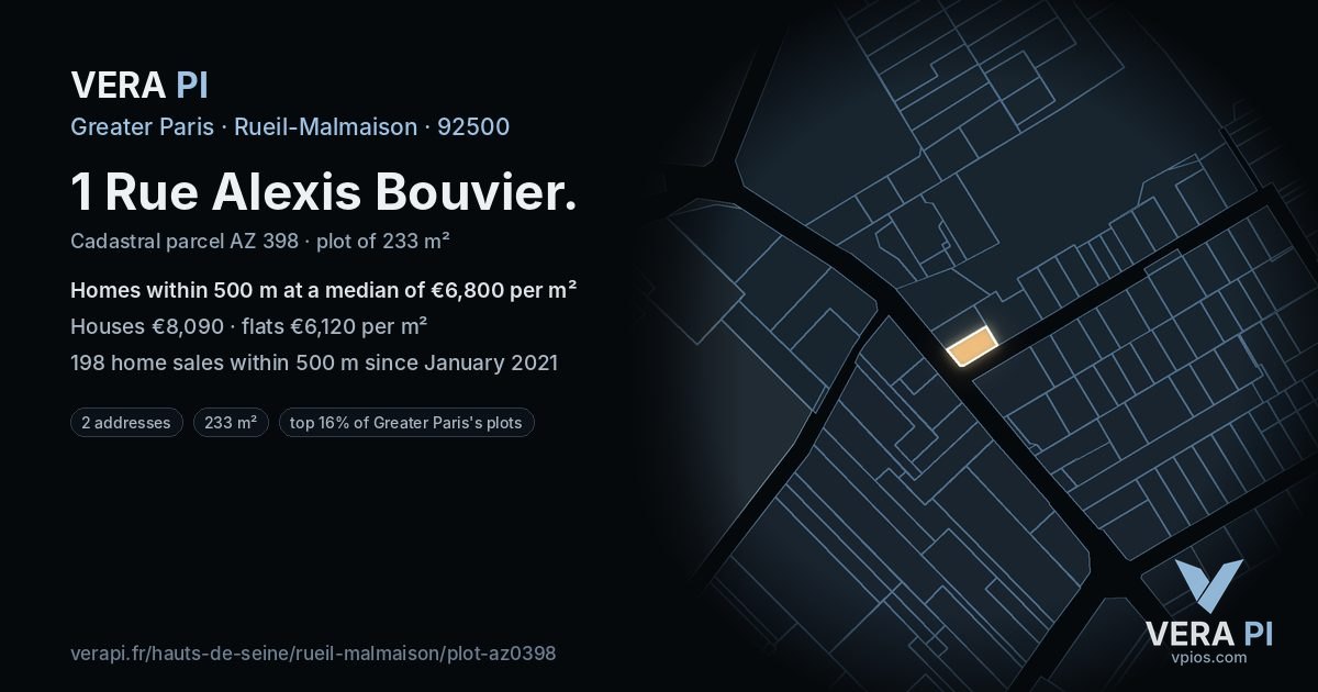 1 Rue Alexis Bouvier, Rueil-Malmaison at night – the plot lit, the parcels around coloured by the prices near them
