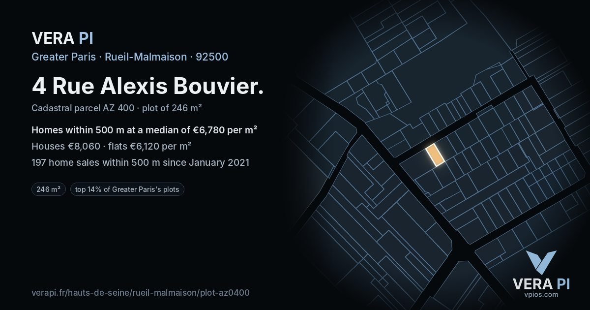 4 Rue Alexis Bouvier, Rueil-Malmaison at night – the plot lit, the parcels around coloured by the prices near them