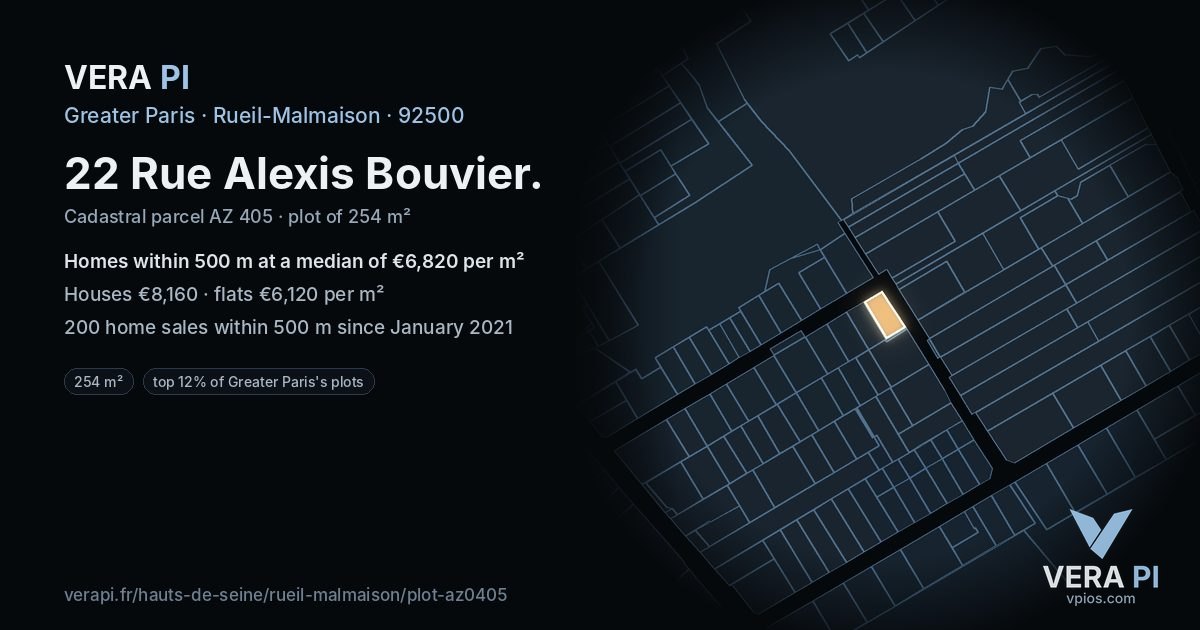22 Rue Alexis Bouvier, Rueil-Malmaison at night – the plot lit, the parcels around coloured by the prices near them