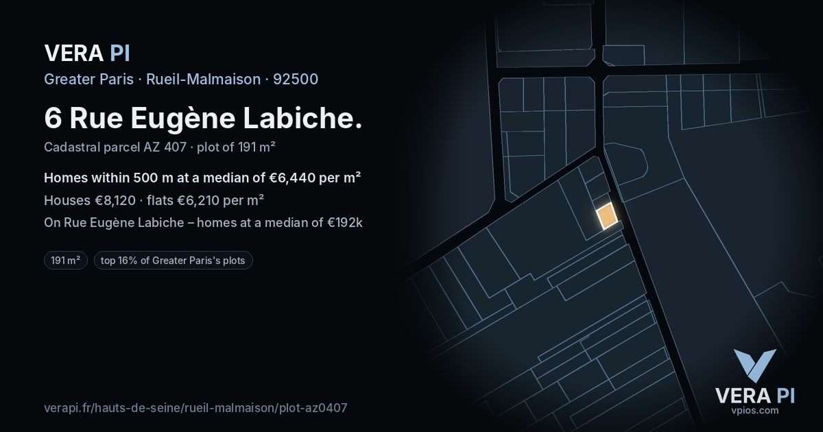 6 Rue Eugène Labiche, Rueil-Malmaison at night – the plot lit, the parcels around coloured by the prices near them