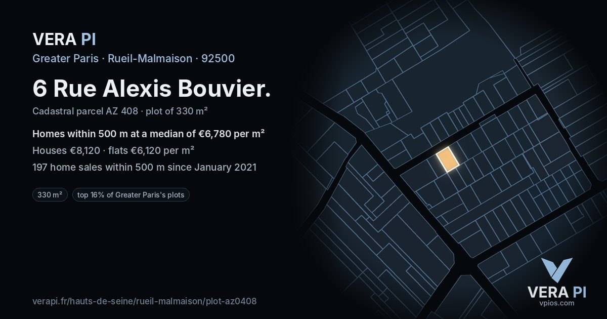 6 Rue Alexis Bouvier, Rueil-Malmaison at night – the plot lit, the parcels around coloured by the prices near them