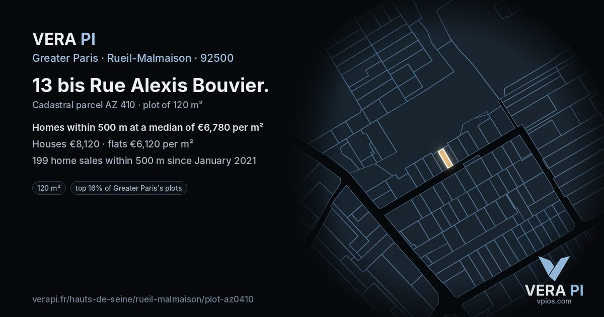 13 bis Rue Alexis Bouvier, Rueil-Malmaison at night – the plot lit, the parcels around coloured by the prices near them