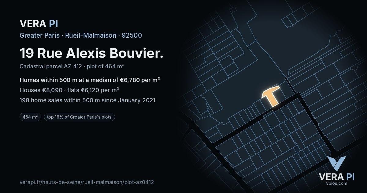 19 Rue Alexis Bouvier, Rueil-Malmaison at night – the plot lit, the parcels around coloured by the prices near them