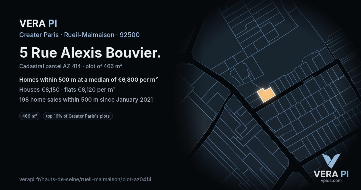 5 Rue Alexis Bouvier, Rueil-Malmaison at night – the plot lit, the parcels around coloured by the prices near them