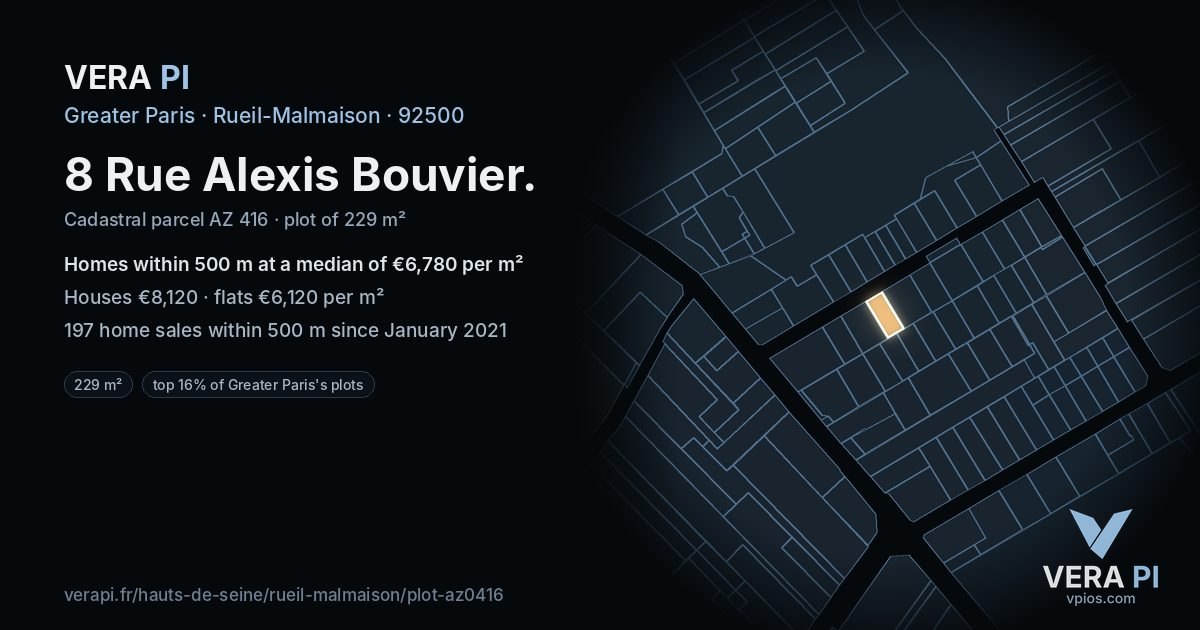 8 Rue Alexis Bouvier, Rueil-Malmaison at night – the plot lit, the parcels around coloured by the prices near them