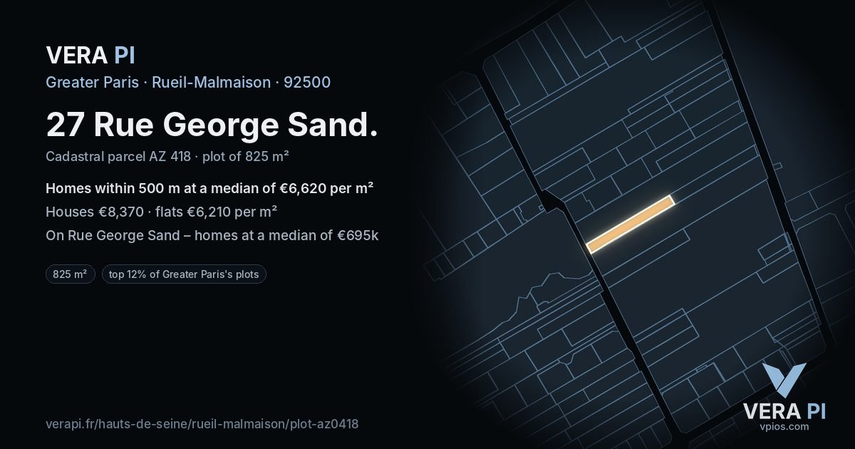 27 Rue George Sand, Rueil-Malmaison at night – the plot lit, the parcels around coloured by the prices near them