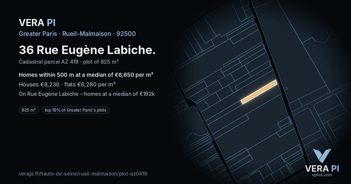 36 Rue Eugène Labiche, Rueil-Malmaison at night – the plot lit, the parcels around coloured by the prices near them
